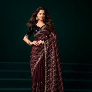 royal sparkle net saree with velvet blouse – designer party wear