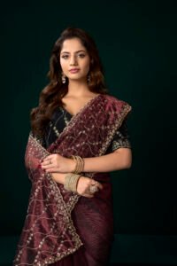royal sparkle net saree with velvet blouse – designer party wear
