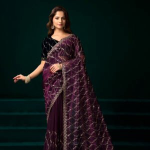 Noor Elegance Net Saree- Dark purple