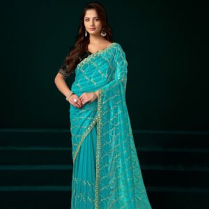 Noor Elegance Net Saree- Sky Blue