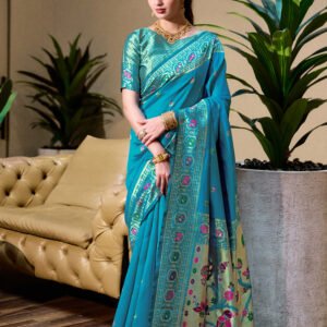 Rajwadi Paithani Silk Saree–Sky Blue