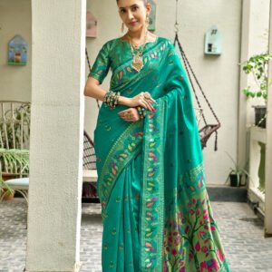 Meenakari Border Teal Silk Saree - Rich Peacock Green