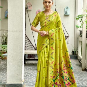 Meenakari Border Teal Silk Saree - Lime Yellow-Green